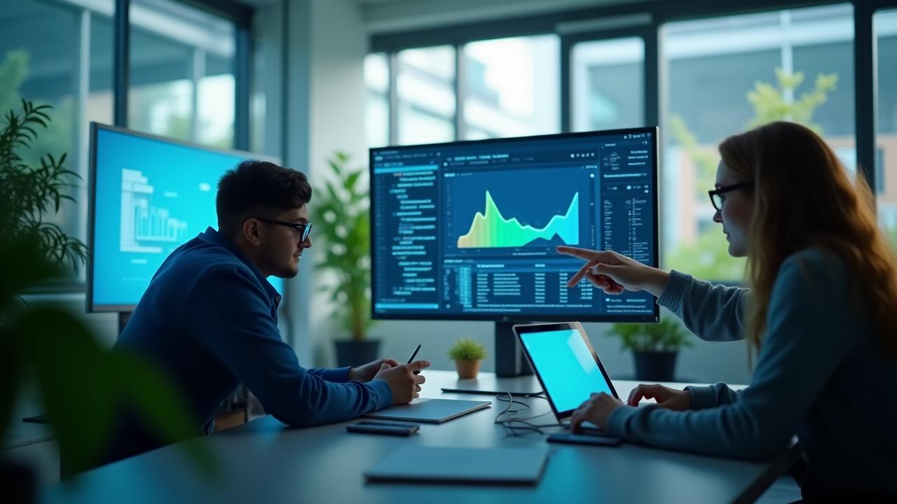 Программист работает за ноутбуком, на фоне светлого офиса с элементами дизайна